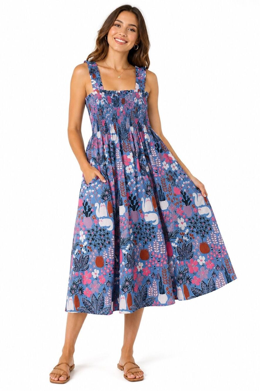 Kate Spade Garden Posy Smocked Midi Dress Cat Cactus Garden Blu Size Small New